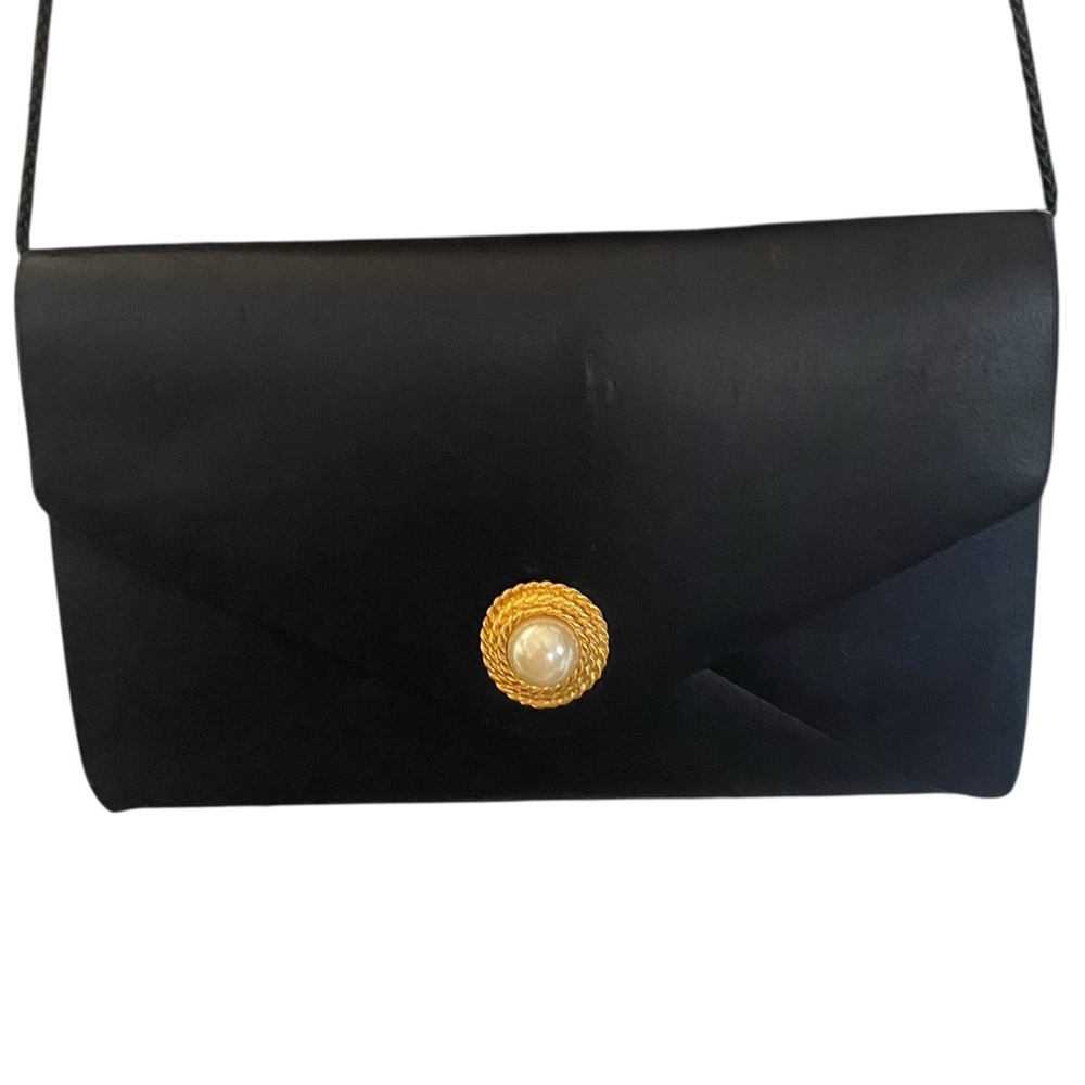 Vintage 90s Mervyns Formal Black Clutch Gold Pearl  Crossbody Clutch Evening bag